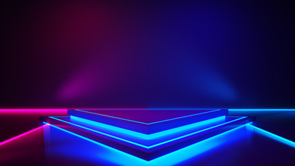 Triangle stage with and and purple neon  light ,abstract fustic background,ultraviolet  concept,3d render