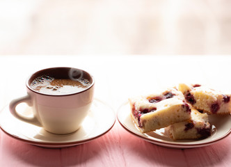 Coffee americano and apple pie on wooden table