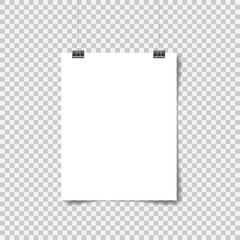 White poster hanging. Mock up empty paper blank. Vertical and horizontal template on transparent background.