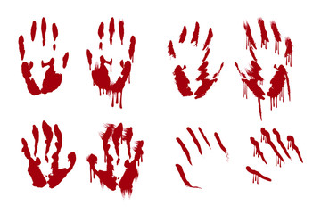 Set of red bloody hand print splatter background. Scary dirty blood handprint. Horror vector illustration. © Kirill