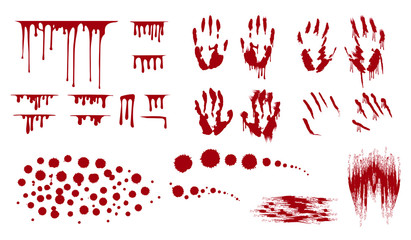 Blood splatter, bleed stains and handprint. Horror dirty bloody drop leak.  Vector isolated illustration.