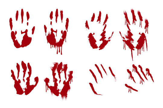 Set of red bloody hand print splatter background. Scary dirty blood handprint. Horror vector illustration.