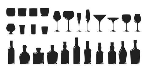 Big set of wine, champagne, gin, martini, scotch, whiskey, rum, tequila glasses and bottles silhouettes. Bar cold cocktail booze. Vector illustration of alcohol drinks.