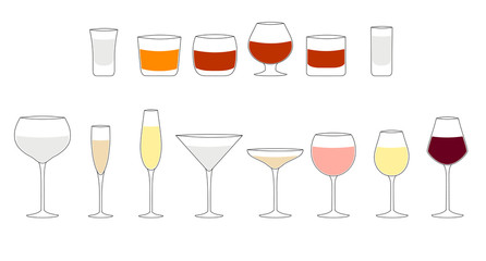 Alcohol glasses of wine, martini, champagne, rum, whiskey, cognac, brandy, scotch drink glasses, vodka and tequila shots. Bar cocktail booze. Vector illustration.
