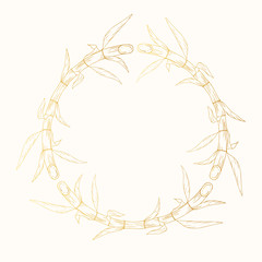 Round hand drawn wooden border Japanese golden bamboo frame made of stems. Vector gold banner, template or photo board isolated background.