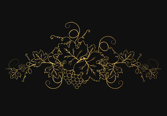 Golden vine branches with bunch of grapes and leaves. Ornate decoration divider for wine menu or label design. Vector gold foliage background.