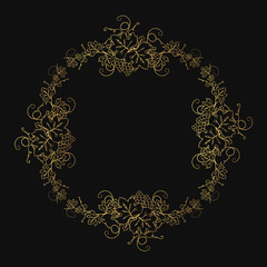 Golden grape frame with vine branches, bunch of berries and leaves. Ornate gold decoration border for wine menu, label design or wedding invitation. Vector foliage background.