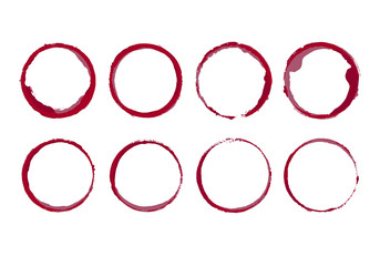 Wine stain circles. Coffee bottom glass ring spills templates. Vector isolated round paint grunge frames.