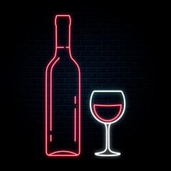 Glowing neon sign with wine bottle and glass. Vector isolated illustration. Icon for night winery bar background. Led luminous sign for wedding restaurant signboard.