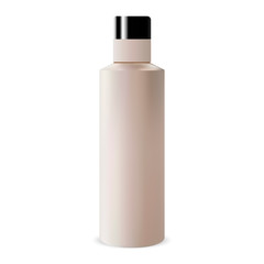 Round Cosmetic Shampoo Bottle. Beige Plastic Tubular Package. Closed Round Blank Packaging Mockup without Lable. Clean Template. Hair or Shower Gel Jar. Cylinder Cosmo Tube.