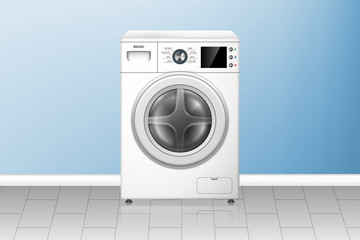 Realistic washing machine in empty laundry room. White washer front view. Modern home appliances. vector illustration
