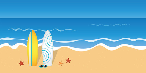 two surfboards and sunglasses on the beach with starfish vector illustration EPS10