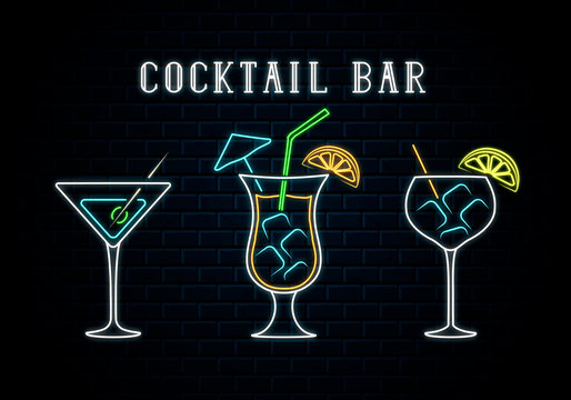 Neon cocktail bar singboard with pina colada, gin tonic and martini. Vector isolated illustration. Icon for night bar background. Led luminous sign for restaurant.