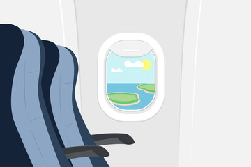 Passenger seats and porthole with a landscape. View from the airplane window. Armchairs and Illuminati in the plane. Passenger space in the plane. Vector illustration.