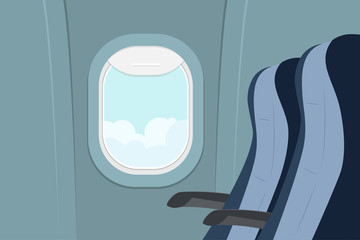 Passenger seats and porthole with a landscape. View from the airplane window. Armchairs and Illuminati in the plane. Passenger space in the plane. Vector illustration.