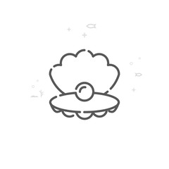 Sea Shell with Pearl Vector Line Icon, Symbol, Pictogram, Sign. Light Abstract Geometric Background. Editable Stroke