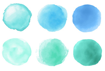 A set of watercolor round brush strokes. Blue green palette