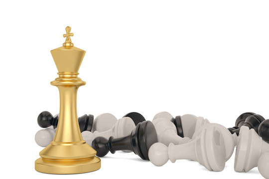Gold chess king win vs pawns business concept of leadership 3D illustration.