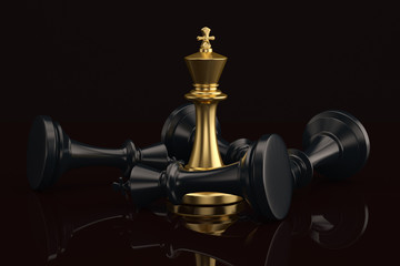 Gold chess king and black king on black background 3D illustration.
