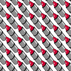 Fototapeta premium Geometric girlish pattern with lipstick. Fashionable seamless pattern for woman. Wallpaper. Vector illustration made in red, black and gray on a white background