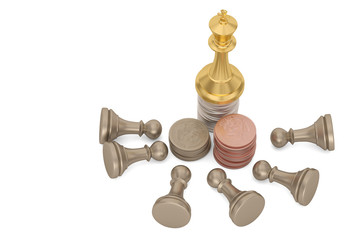 Golden chess and coin stacks  isolated on white background 3D illustration.