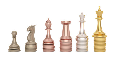 Chess and coin stacks  isolated on white background 3D illustration.