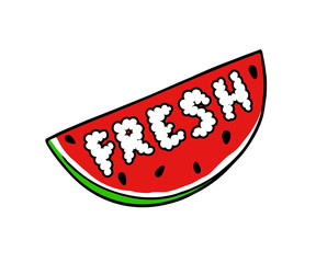 Hand-drawn piece of watermelon with bones and the inscription Fresh. Doodle. Vector illustration