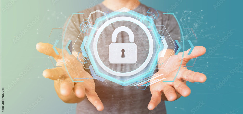 Poster man holding a shield web security concept 3d rendering