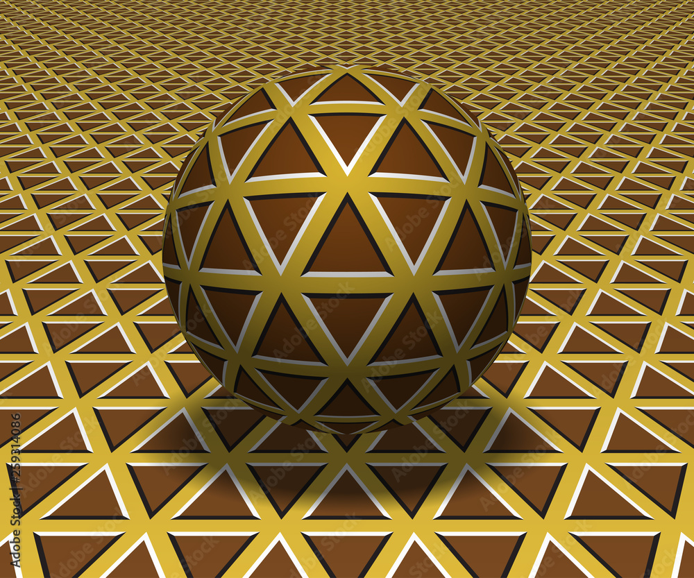 Poster sphere hovers above the surface. abstract objects with triangles pattern. vector optical illusion il