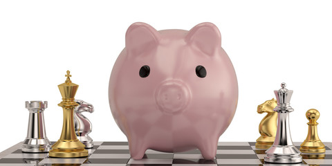 Big piggy bank and chess on checkerboard over white background 3D illustration.