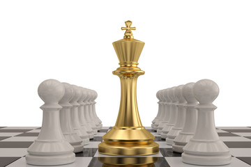Golden chess and white chess on chessboard over white background 3D illustration.