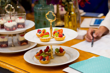 buffet food, catering food party at restaurant, mini canapes, snacks and appetizers