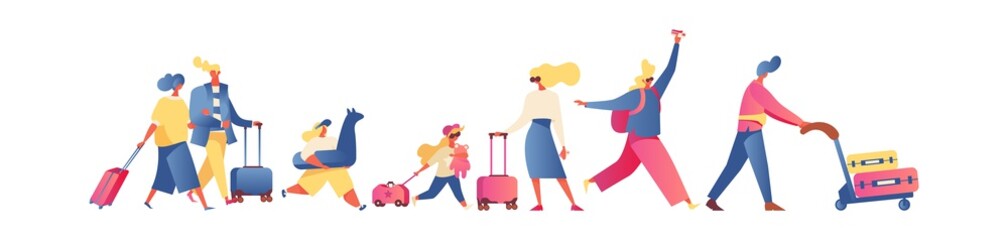 Flat people going on vacation, isolated on white. Families and kids, parents ans couples walking with luggage and trolley. Bright passengers ready for flight ot travel