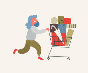 Girl rolls shopping cart with purchases. Vector illustration in flat cartoon style.