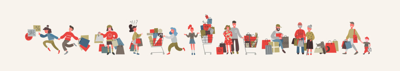 Set of people with purchases at shopping. Flat design, cartoon style, vector illustrations