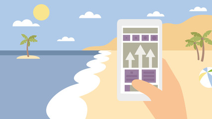 Smartphone in first person view on beach vector illustration in flat style