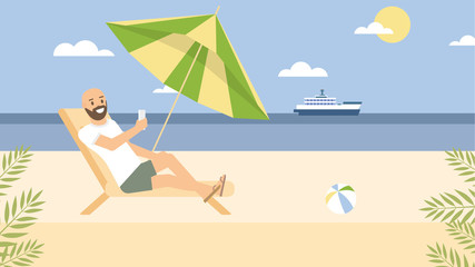 Man relax on beach with smartphone vector illustration in flat style
