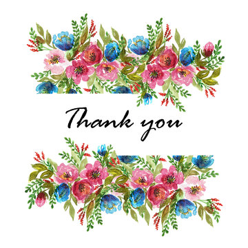 Beautiful floral thank you card template watercolor roses bouquet border design frame 
