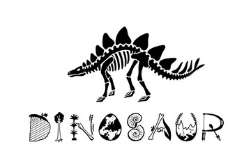 Vector logotype dinosaur skeleton stegosaurus isolated on white background. Black silhouette. Lettering with cute letters.. 