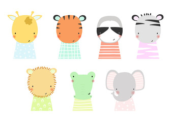 Set of little wild animals. Cute kids graphic. Vector hand drawn illustration.