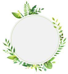 Watercolor round frame of leaves. Concept of the nature for the design of invitations, greeting cards and wallpapers.
