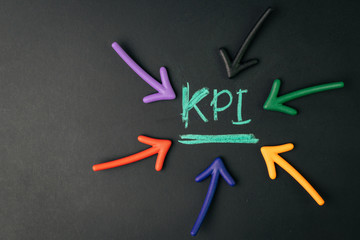 KPI, Key Performance Indicator, metrics to measure business success or marketing campaign goal and target achievement, arrow pointing to handwriting chalk word KPI in pastel green on blackboard