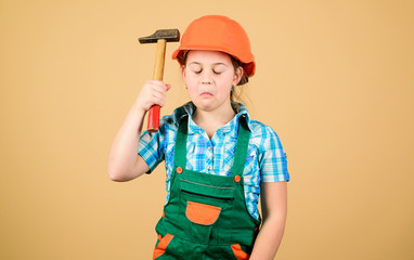Initiative child girl hard hat helmet builder worker. Tools to improve yourself. Child care development. Builder engineer architect. Future profession. Kid builder girl. Build your future yourself