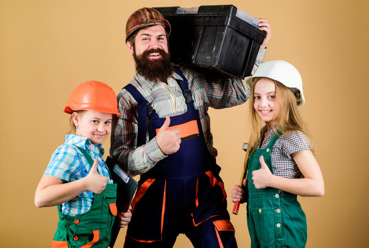 Father builder kids girls. Informal education. Fathers day. Sisters help father builder. Our dad has skillful fingers. Home renovation. Create room you really want live. Follow father. Teach daughter