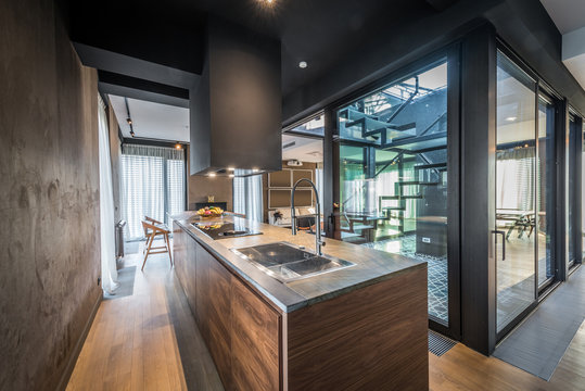 Kitchen interior in modern luxury penthouse apartment