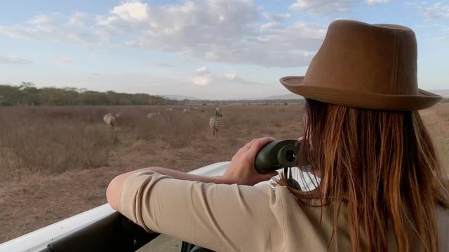 Woman on a safari trip in Masai Mara spotting zebras