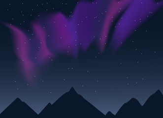 Vector aurora borealis illustration of night lanscape with mountains