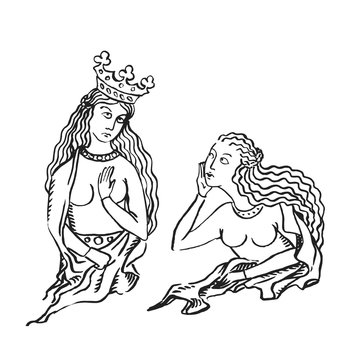 Medieval art queen with crown and enly woman jealous and gossips