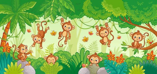 Vector set with monkey in various poses on jungle background.