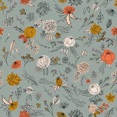 Floral vector seamless pattern with  flowers, berries, leaves and twigs. Beautiful hand drawn bouquets in pastel colors in vintage style. © dinadankersdesign